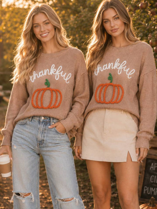 Thankful Pumpkin Embroidered Knit Sweater–Cozy Fall Pullover