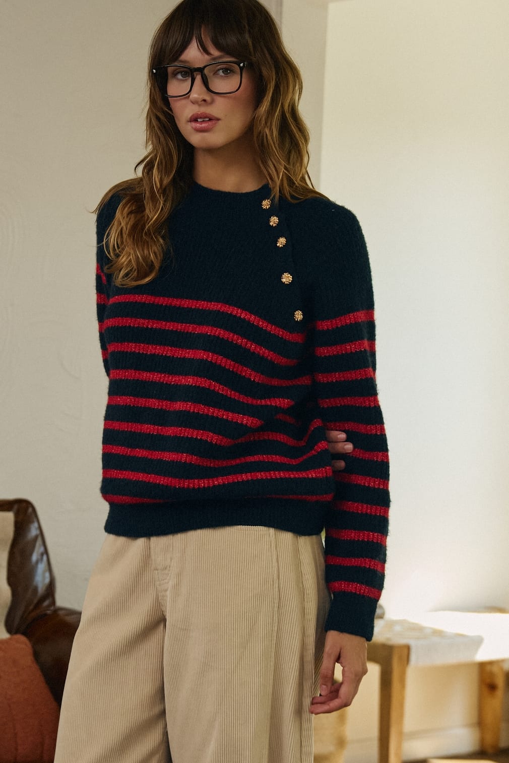 Striped Mock Neck Sweater with Gold Buttons