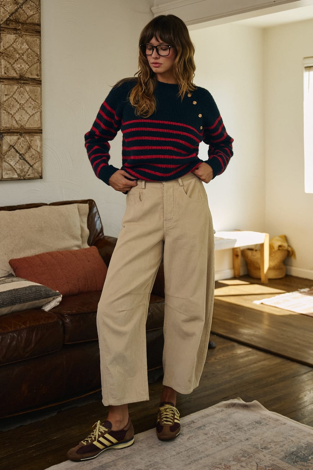 Urban Daizy Urban Daizy Women’s Red/Navy Striped Mock Neck Sweater with Gold Buttons - Little Miss Muffin Children & Home