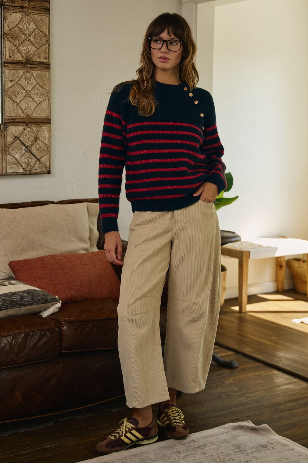 Striped Mock Neck Sweater with Gold Buttons