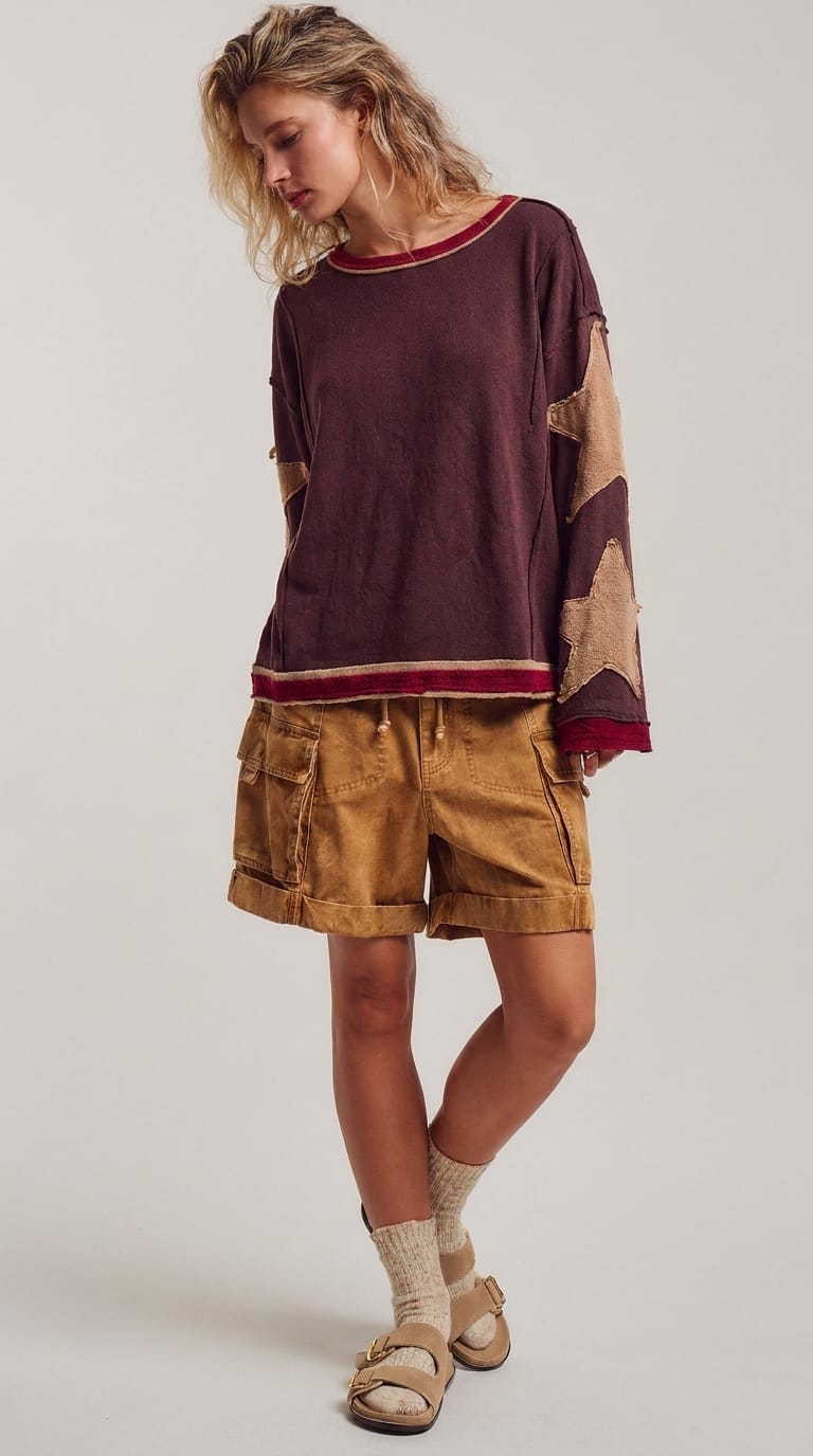 Raw Seam Star Patch Slouchy Knit Top