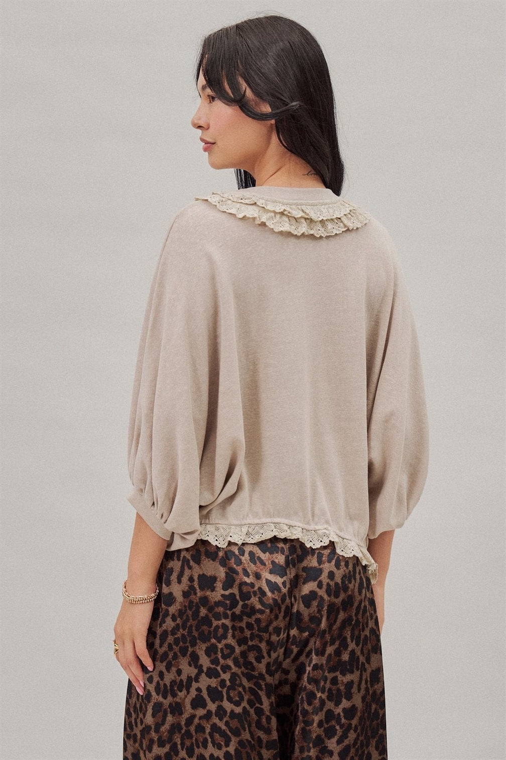 Crochet Trim Dolman Knit Top with Lace Hem, 2 Available Colors