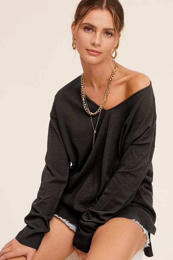 La Miel La Miel Lightweight V-Neck Sweater in Black - Little Miss Muffin Children & Home