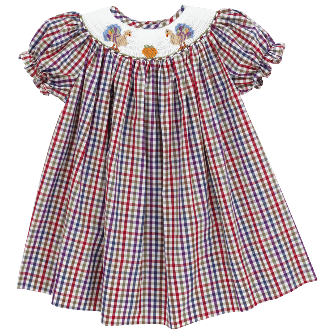 Fall Flocks Colorful Plaid Bishop Dress with Turkeys and Pumpkins for toddler girls by Bailey Boys