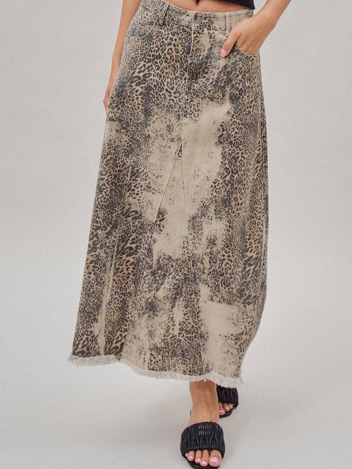 Washed Leopard Print Denim Maxi Skirt