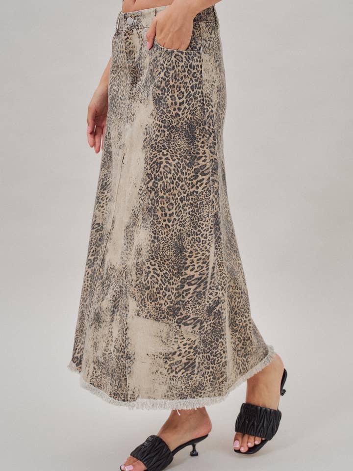 Washed Leopard Print Denim Maxi Skirt