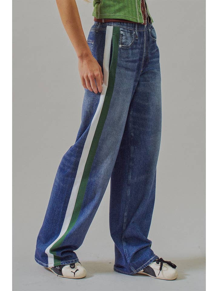 Wide Leg Sublimated Denim Track Pants with Side Stripes