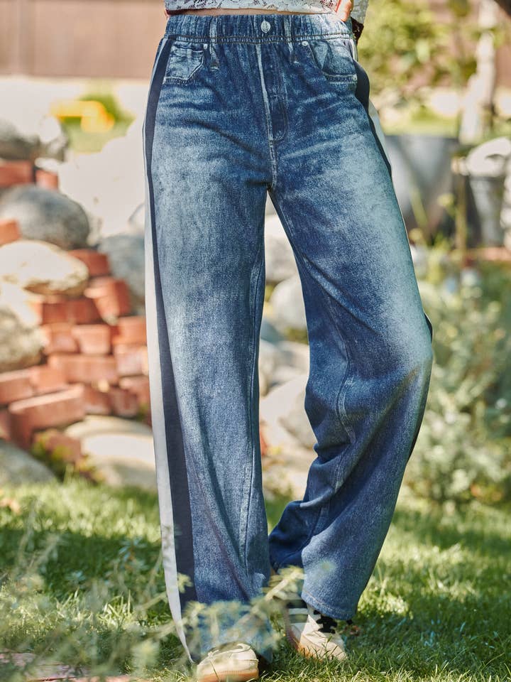 Wide Leg Sublimated Denim Track Pants with Side Stripes
