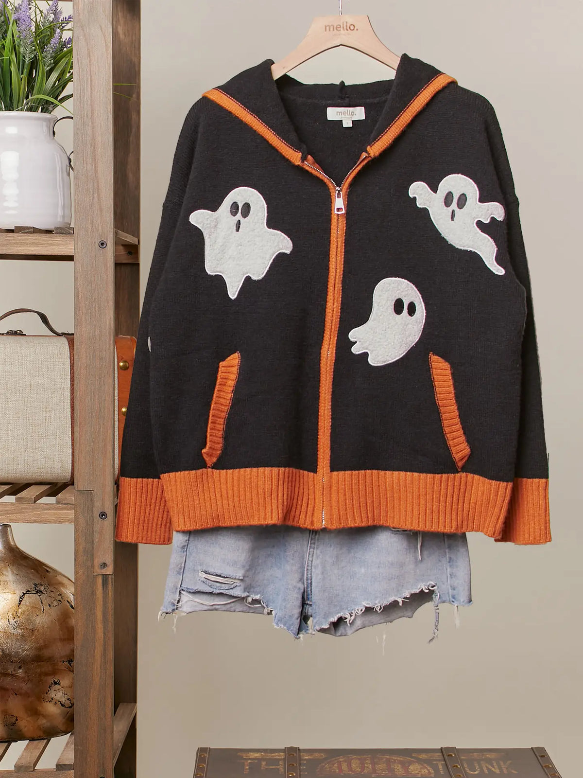 Halloween Ghost Patch Zip-Up Hoodie Sweater