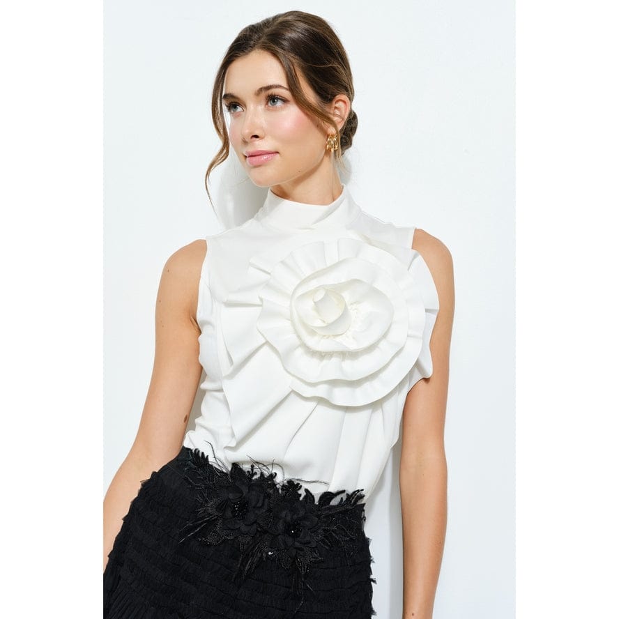 INA Floral Applique Pleated High Neck Top in Ivory - Little Miss Muffin Children & Home