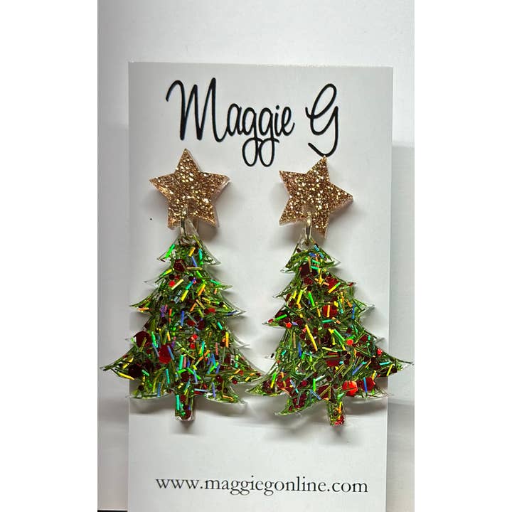 Maggie G Christmas Tree Mean 1 Tinsel Resin Earrings - Little Miss Muffin Children & Home