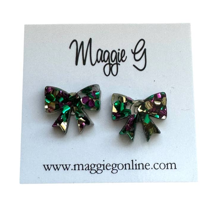 Maggie G Fat Tuesday Mardi Gras Bow Glitter Stud Earrings - Little Miss Muffin Children & Home