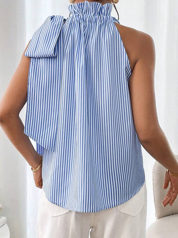 Striped Ruffle Neck Halter Tie Tank, 3 Colors Available