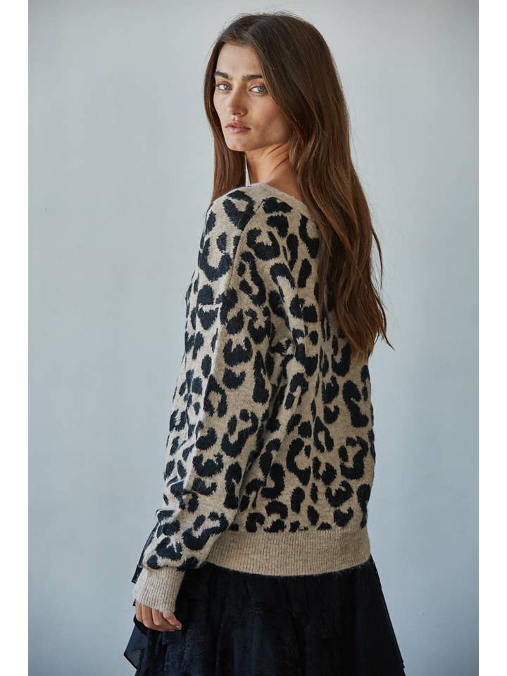 By Together Mocha Black Knit Sweater Animal Print V-Neck Tie Front Cardigan - Little Miss Muffin Children & Home