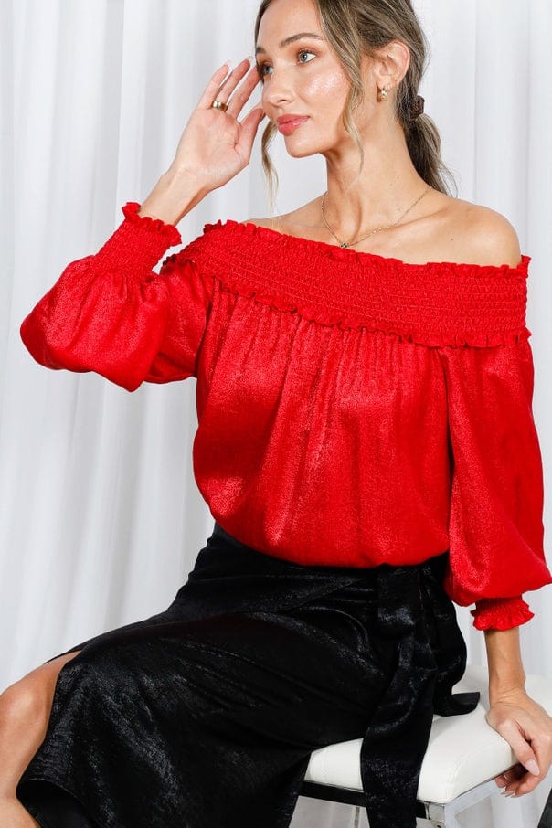 Vine & Love Vine & Love Smocked Off-the-Shoulder Metallic Blouse in Red - Little Miss Muffin Children & Home