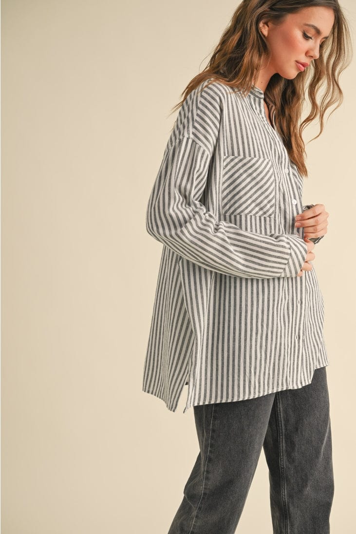 Miou Muse Striped Button Down Boyfriend Shirt in Navy - Little Miss Muffin Children & Home