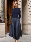round neck long sleeve mixed media navy dress