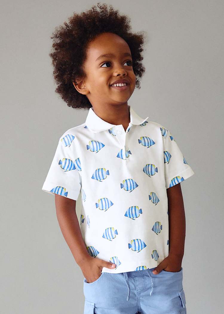 Printed Short Sleeve Polo in White & Blue