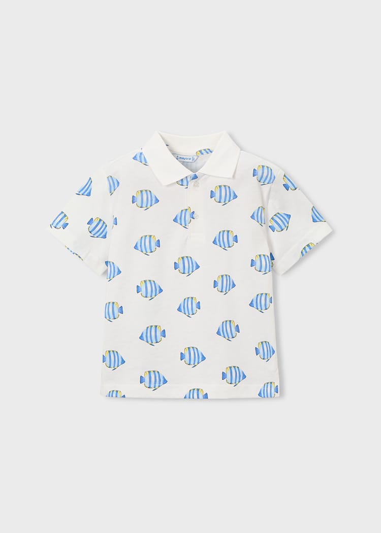Printed Short Sleeve Polo in White & Blue
