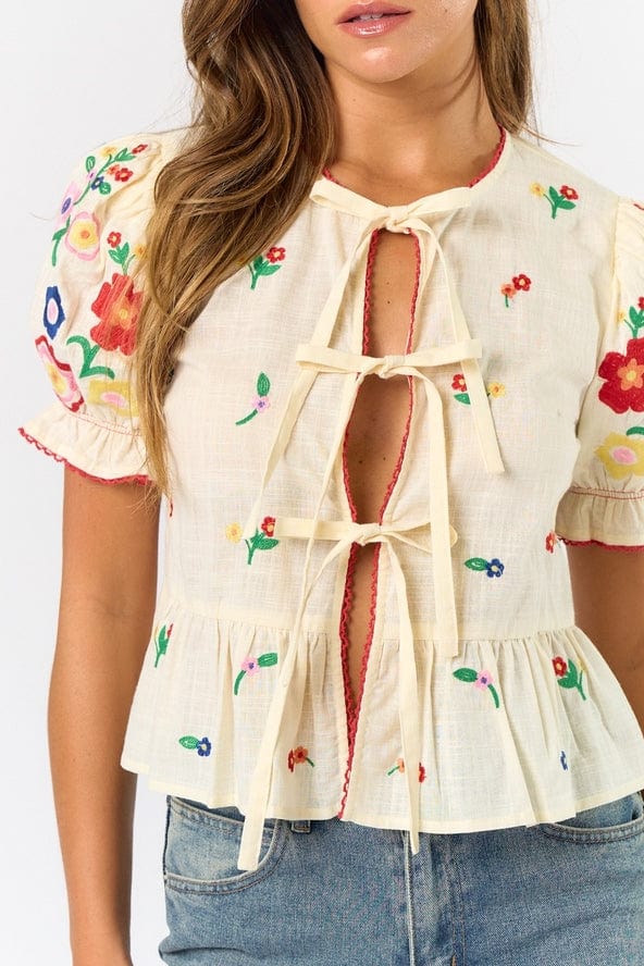 Lalavon Lalavon Tie Front Embroidered Top - Little Miss Muffin Children & Home