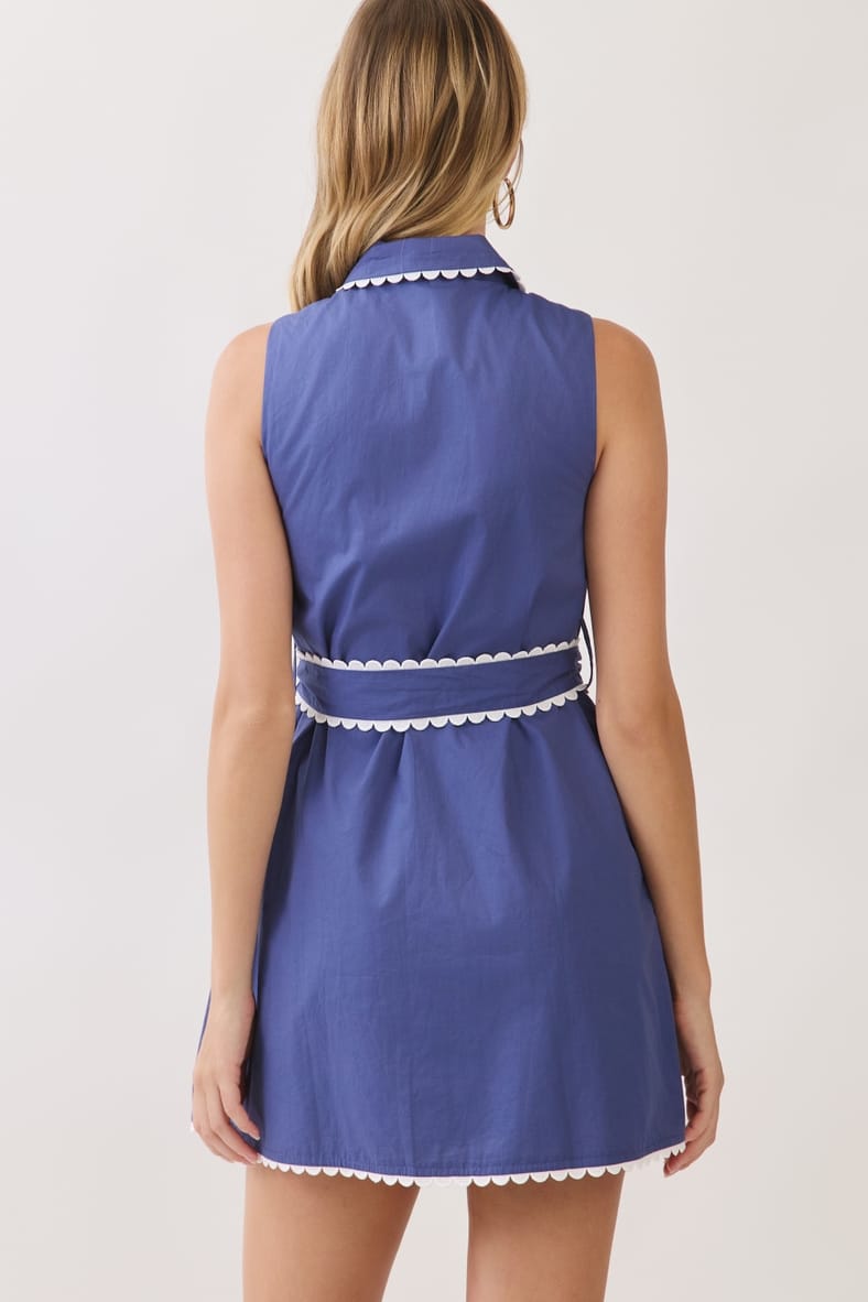 Scallop Trim Sleeveless Mini Shirt Dress with Sash Belt