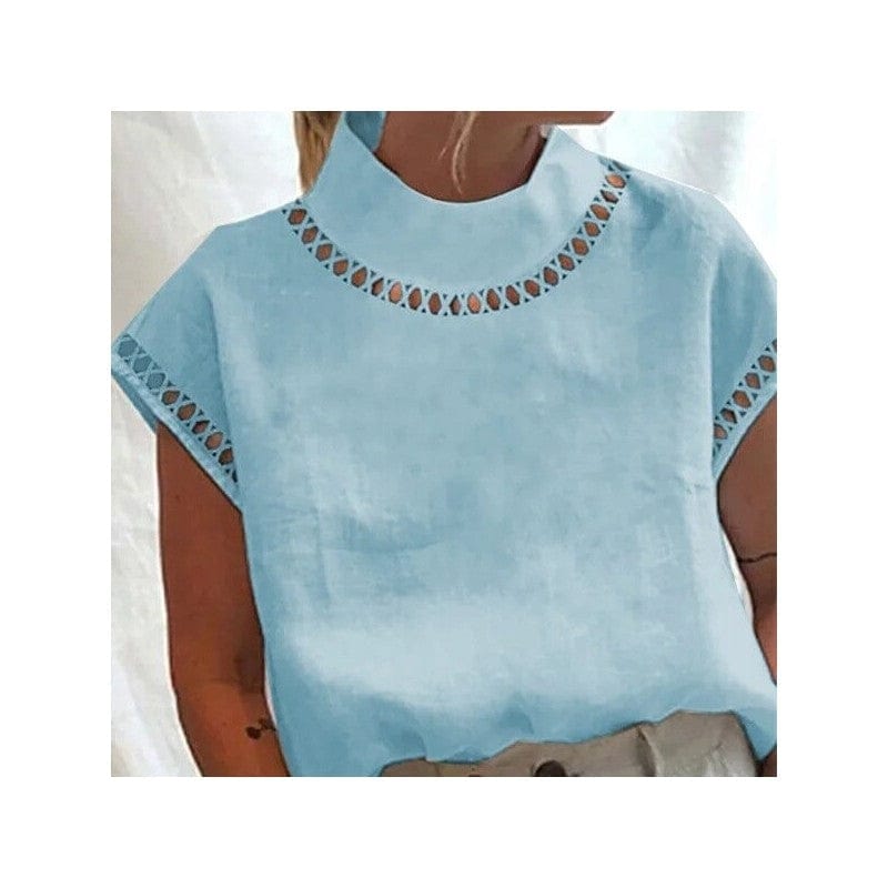 FurDecoration Light Blue High Neck Cut Out Detail Linen Blouse - Little Miss Muffin Children & Home