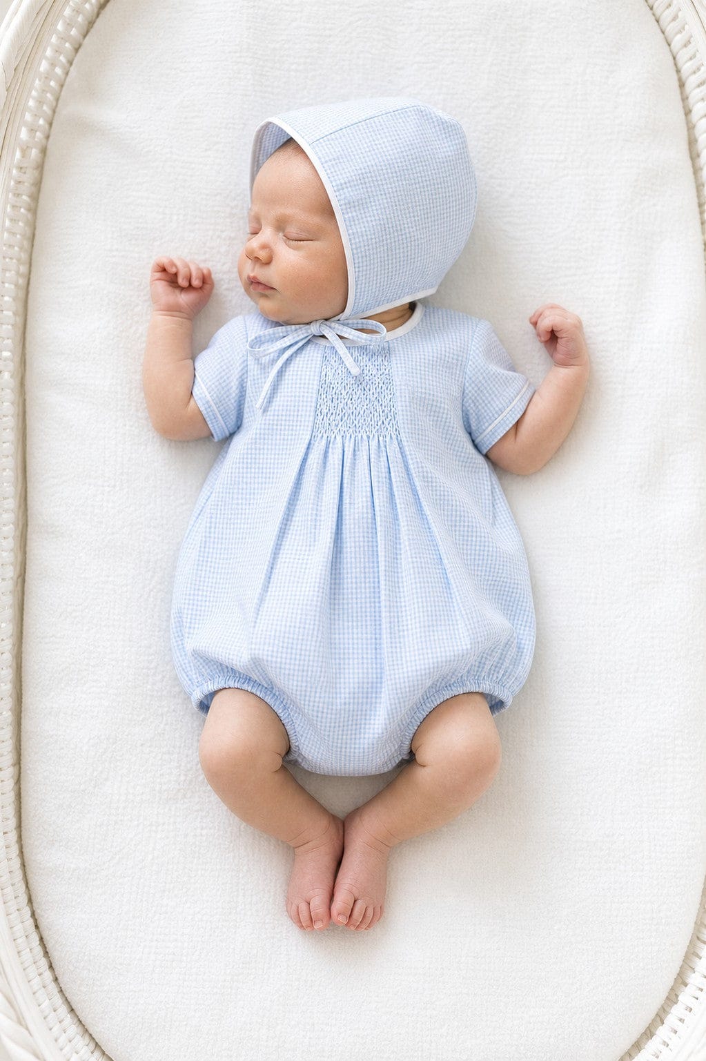 Boy Smocked Blue Gingham Creeper Romper with Matching Hat