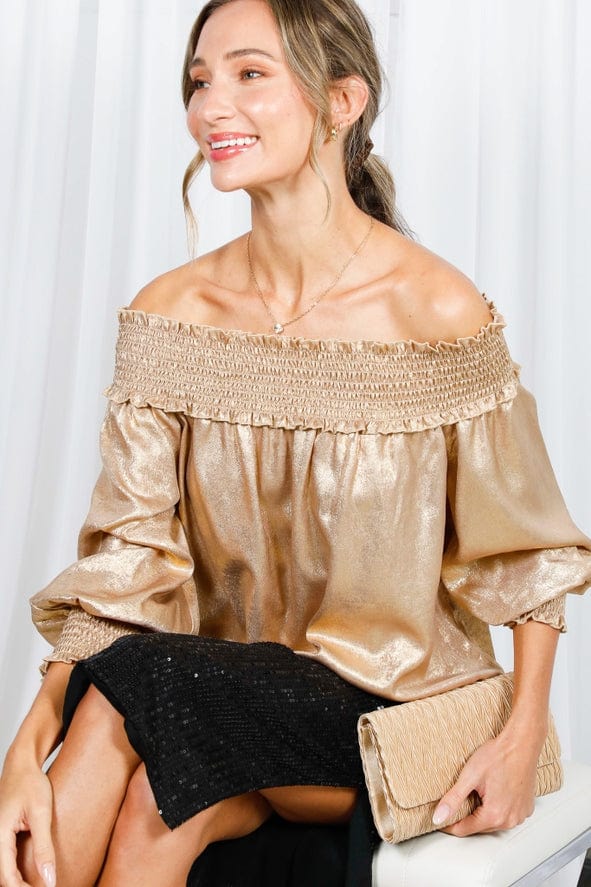 Vine & Love Vine & Love Smocked Off-the-Shoulder Metallic Blouse in Gold - Little Miss Muffin Children & Home