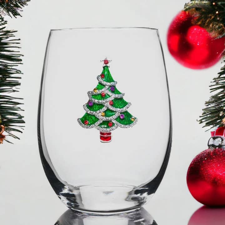 Sparkle Christmas tree stemless wine glass 