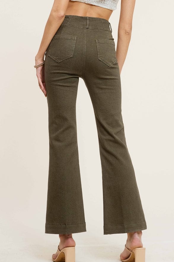 La Miel La Miel Soft Washed Stretchy High Waisted Wide Flare Two Button Pants in Fade Olive - Little Miss Muffin Children & Home
