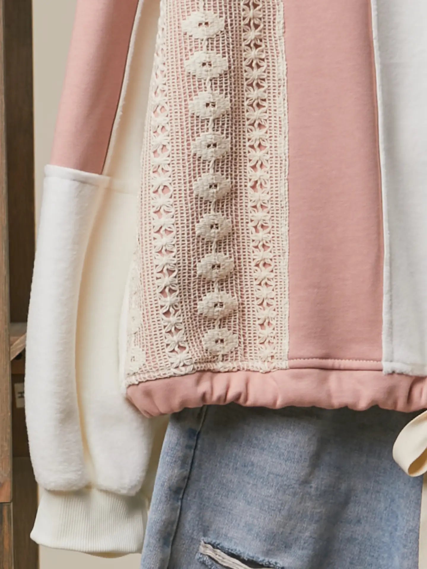 Pale Peach Ivory Crochet Trim Colorblock Zip-Up Hoodie with Drawstring Hem