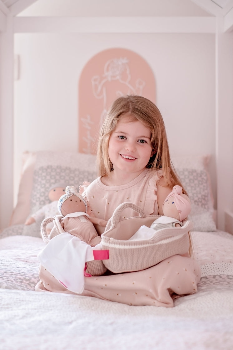 Tikiri Toys Tikiri Toys Soft Doll Remi Baby Light Skin with Carry Cot, Bottle & Blanket - Little Miss Muffin Children & Home