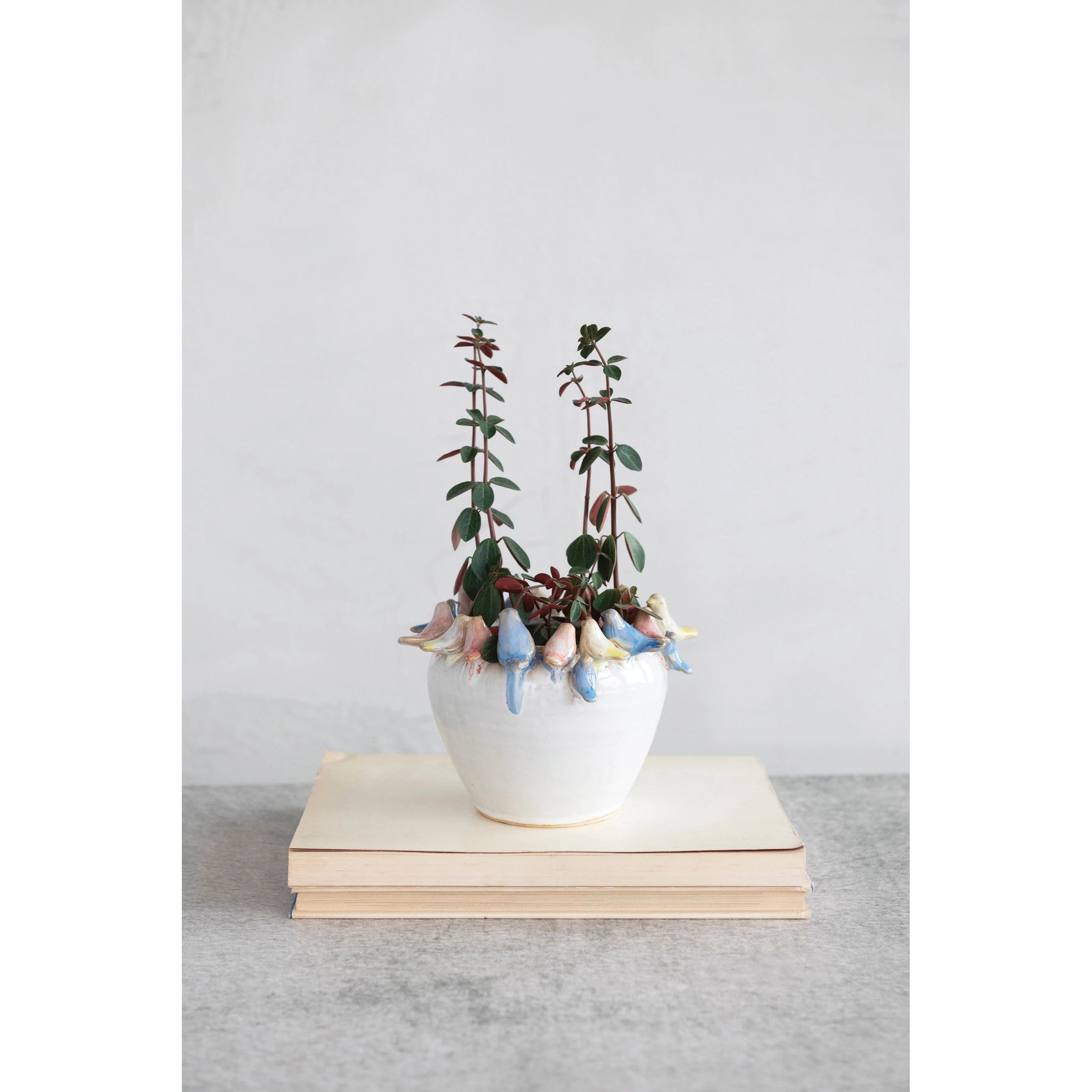 Creative Co-Op Creative Co-op Stoneware Planter with Birds on Rim, Reactive Glaze - Little Miss Muffin Children & Home