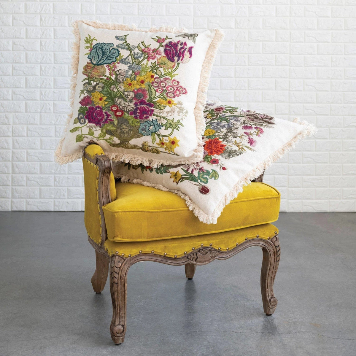 Creative Co-Op Creative Co-op Cotton Printed Pillow with Floral Embroidery & Fringe - Little Miss Muffin Children & Home
