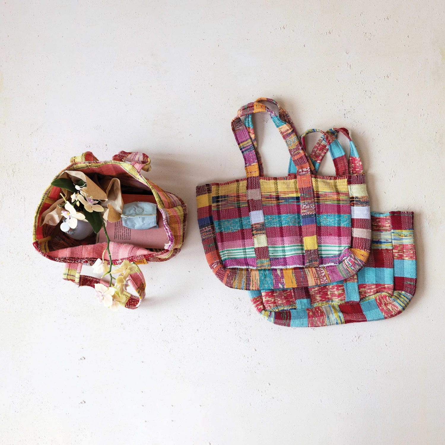Creative Co-Op Creative Co-op Woven Recycled Fabric Patchwork Tote Bag - Little Miss Muffin Children & Home