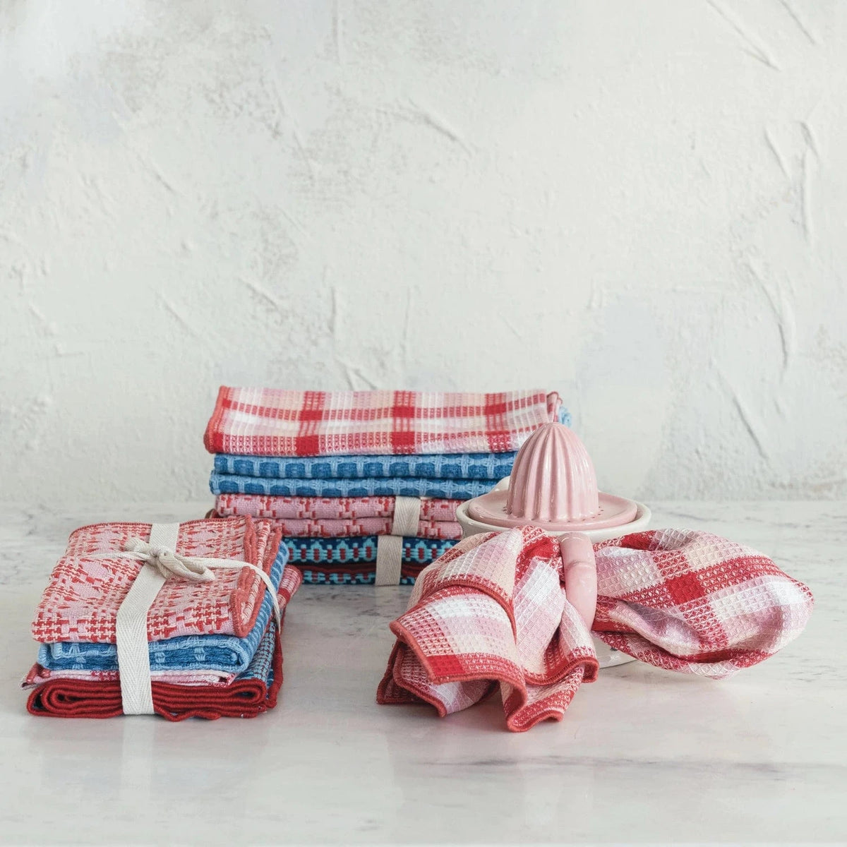 Creative Co-op Woven Cotton Waffle Weave Napkins with Pattern & Stitched Edge, Set of 4 - Little Miss Muffin Children & Home