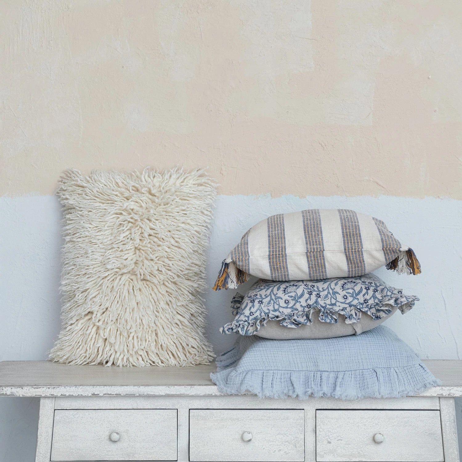 Creative Co-op Creative Co-op 20" Square Light Blue Cotton Double Cloth Pillow with Ruffled Edge - Little Miss Muffin Children & Home