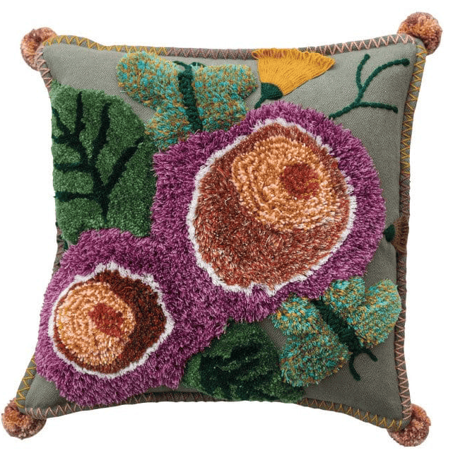 Creative Co-op 18" Square Cotton Tufted Floral Pillow with Pom Poms, 2 Available Styles - Little Miss Muffin Children & Home