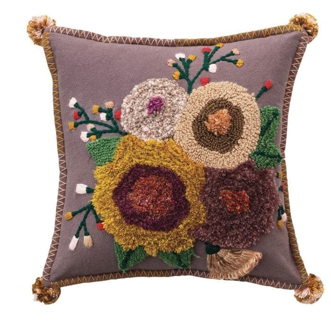 18" Square Cotton Tufted Floral Pillow with Pom Poms, 2 Available Styles