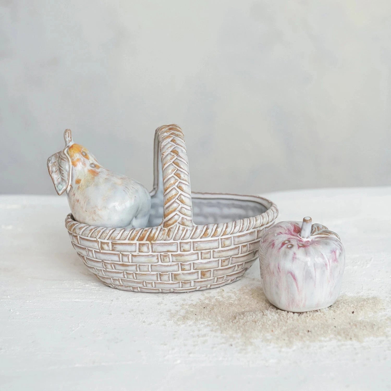 Creative Co-op Stoneware Fruit Salt & Pepper Shakers with Basket, 3PC Set (Each One Will Vary) - Little Miss Muffin Children & Home