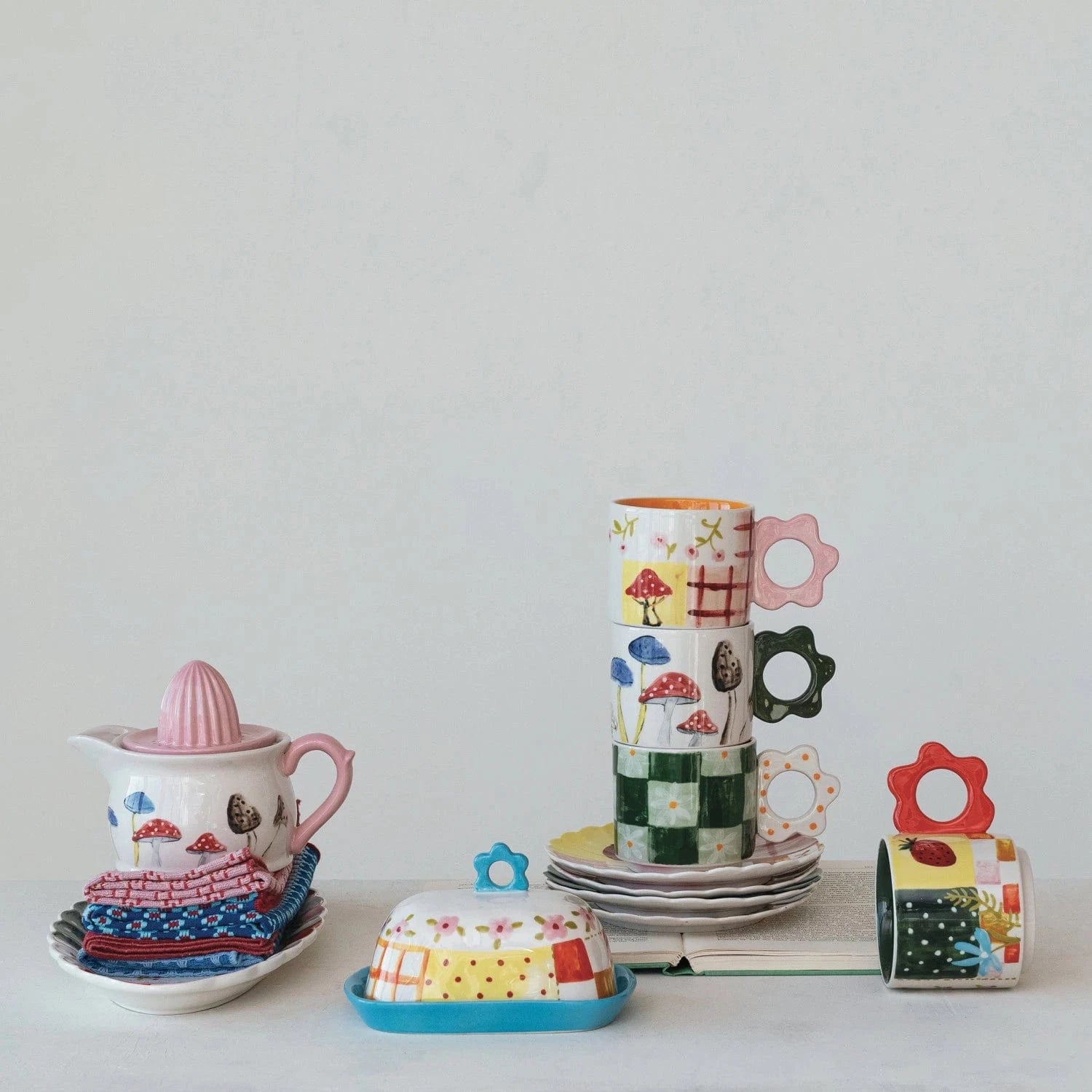 Creative Co-op 15 oz. Hand-Painted Stoneware Mug with Flower Shaped Handle, 4 Styles Available - Little Miss Muffin Children & Home