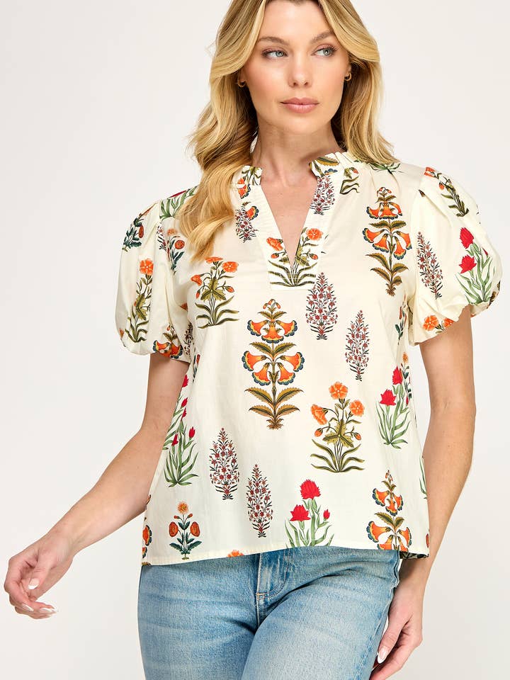 Ellison Puff Sleeve Floral Print Top - Little Miss Muffin Children & Home