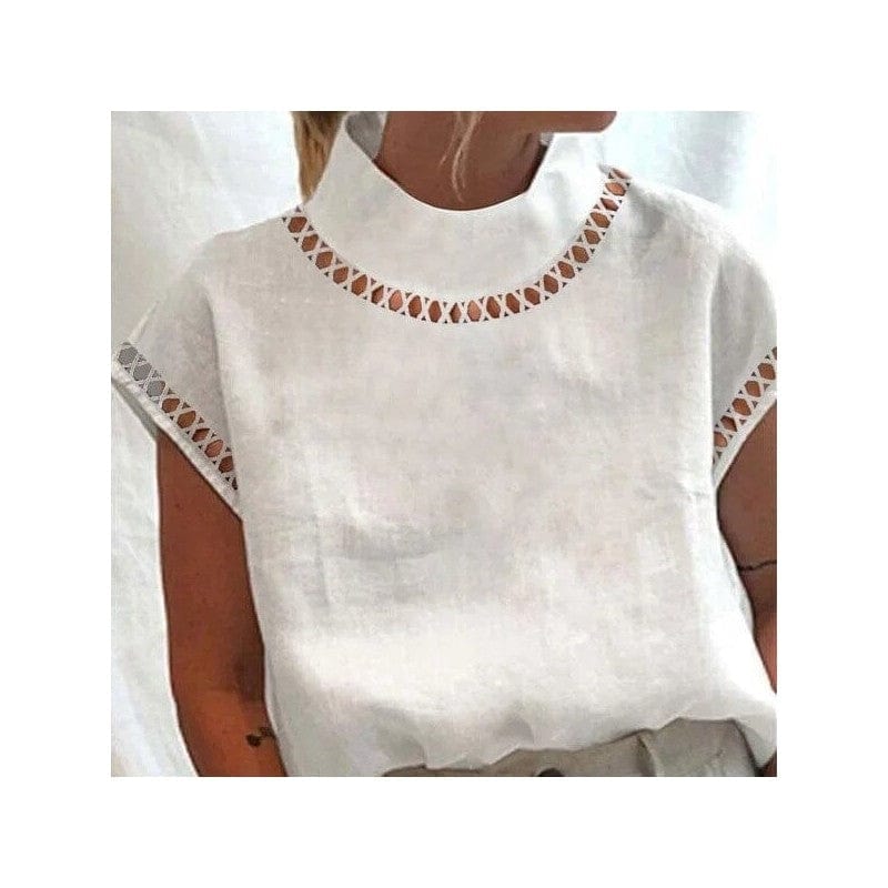 FurDecoration White High Neck Cut Out Detail Linen Blouse - Little Miss Muffin Children & Home