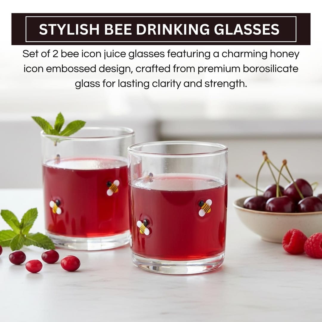 Clear borosilicate tumbler with embossed honey bee