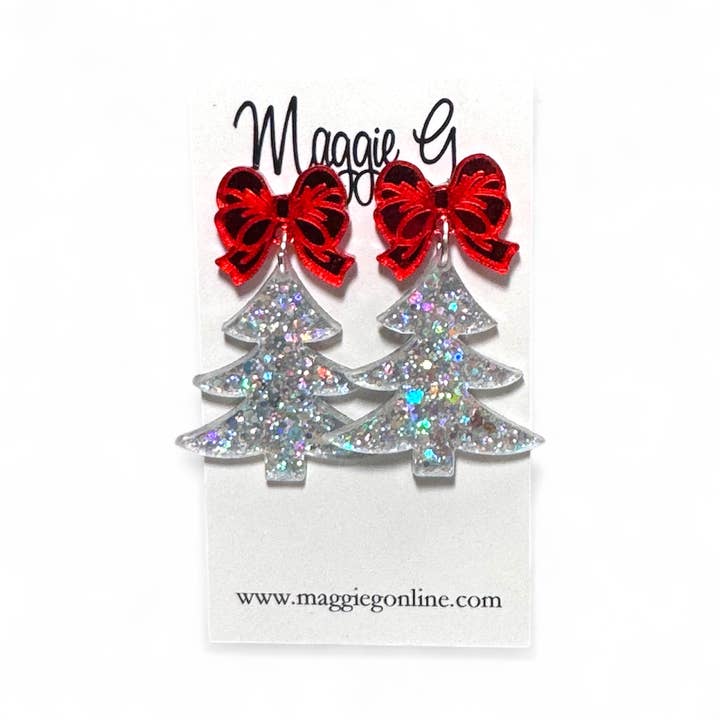 Maggie G Christmas Tree Red Bow Handmade Earrings - Little Miss Muffin Children & Home