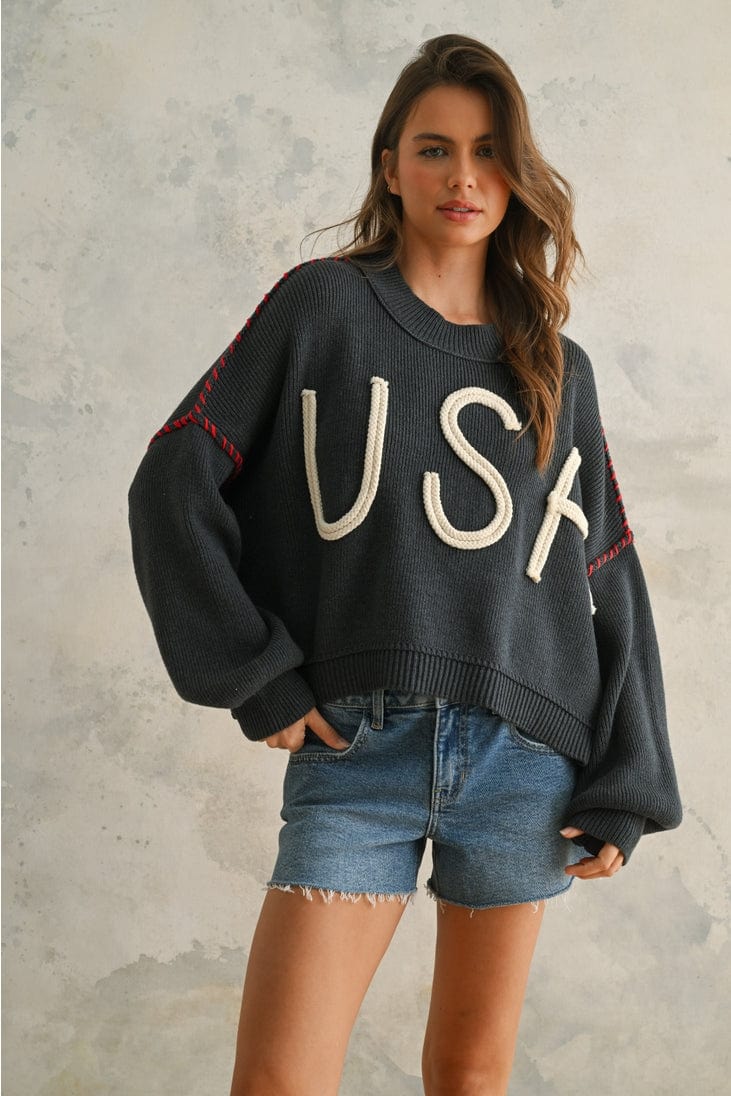 Miou Muse Rope Letter USA Sweater - Little Miss Muffin Children & Home