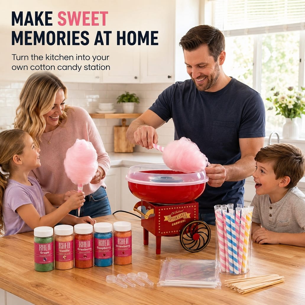 KHEN cotton candy machine set showing flavored sugar bottles and accessories