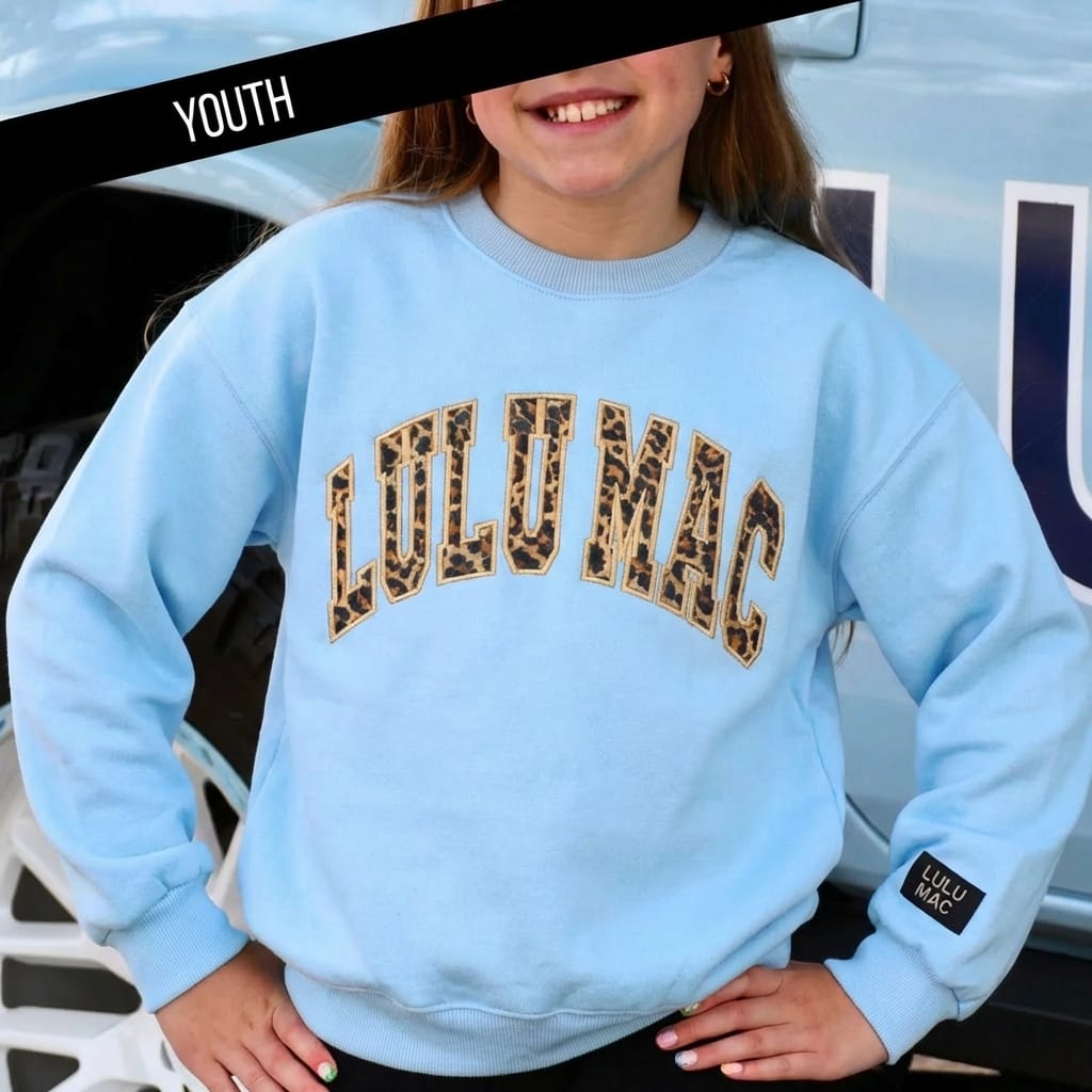 Kids' Lulu Mac Light Blue/Leopard Embroidered Logo Sweatshirt by Girlie Girl Originals