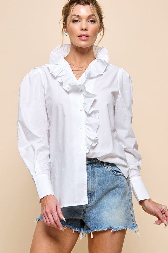 Cezele Cezele Ruffle Collar Button Down Blouse in White - Little Miss Muffin Children & Home