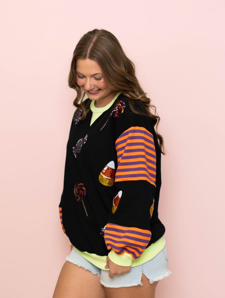 Women's Trick or Treat Sequin Design Striped Sleeve Black Pullover